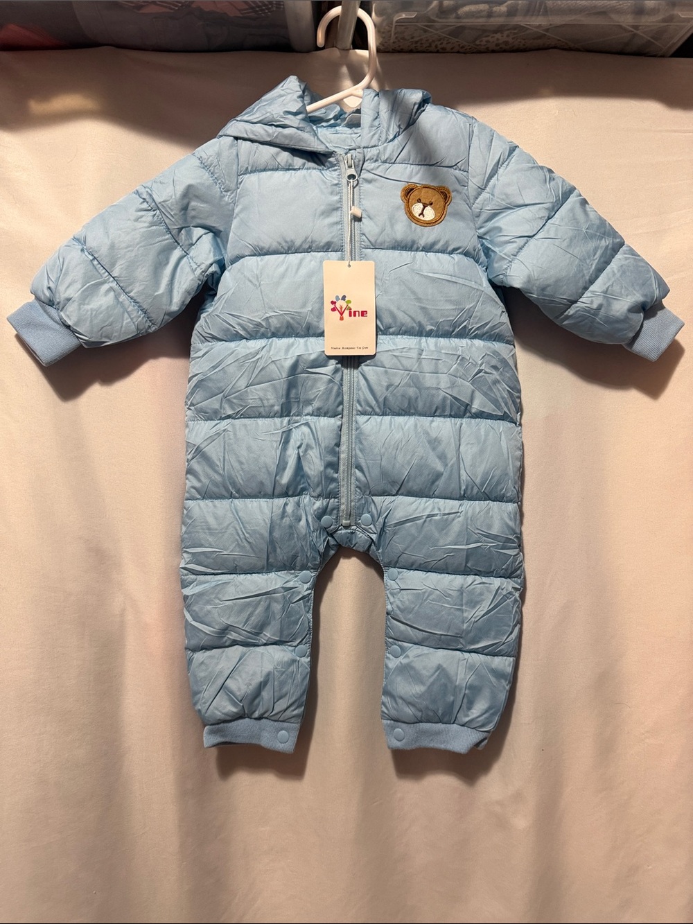 Infant Light Blue Quilted Puffer One-Piece Footie with Bear Patch